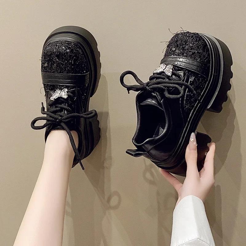 Fashion 9.5CM Spring Women Bling High Heels New 2025 Platform Casual Walking Shoes Non-slip Wedges Leather Chunky Sneakers Lace-up Pumps