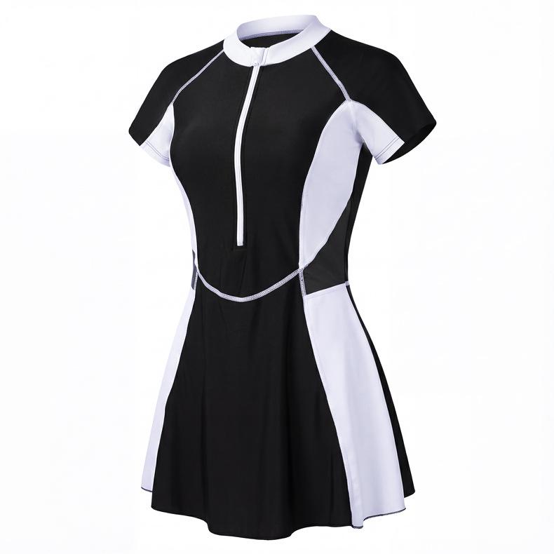 Costume da bagno a due pezzi con gonna, manica corta, cerniera e spacco, stile coreano, per donna, 2026