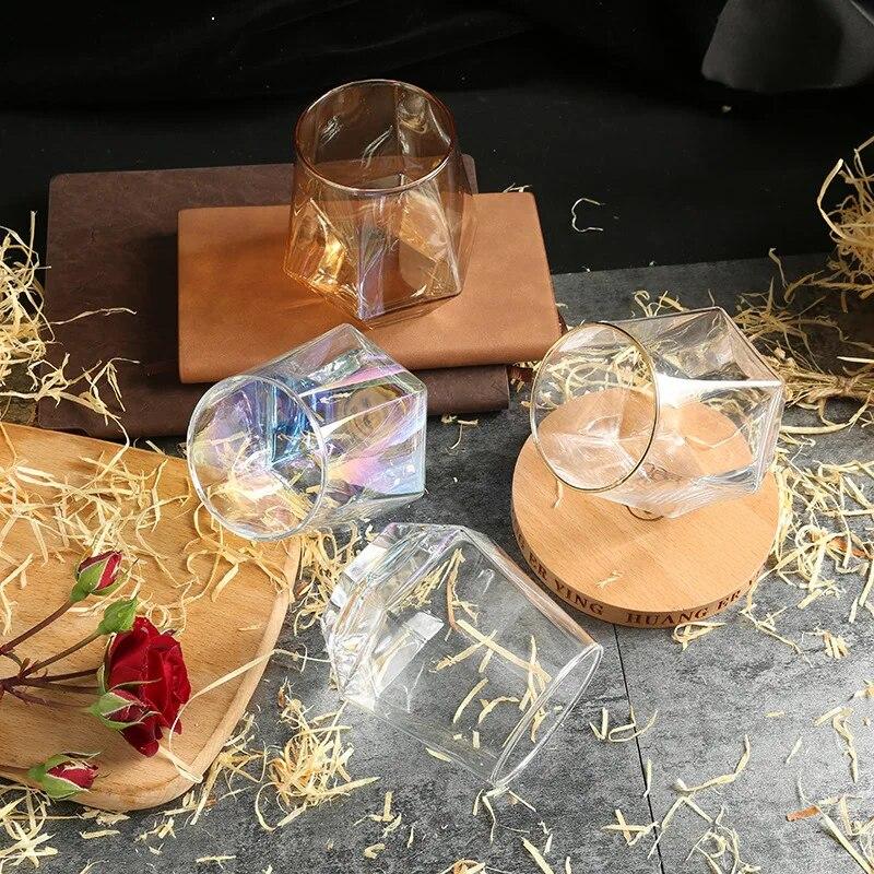 4pcs/set 10OZ Wine Glasses Six-sided Colorful Whiskey Cocktail Tequila Glass Cups Party Bar Supply Home Drinking Tumbler