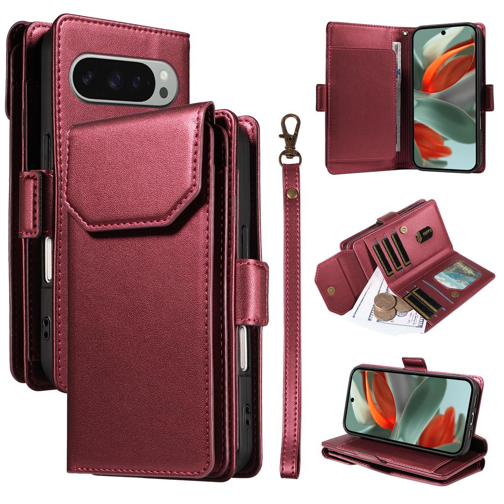 For Google Pixel 9 Pro XL Case with Multi-Card Holder and Strap PU Leather Phone Cover Stand