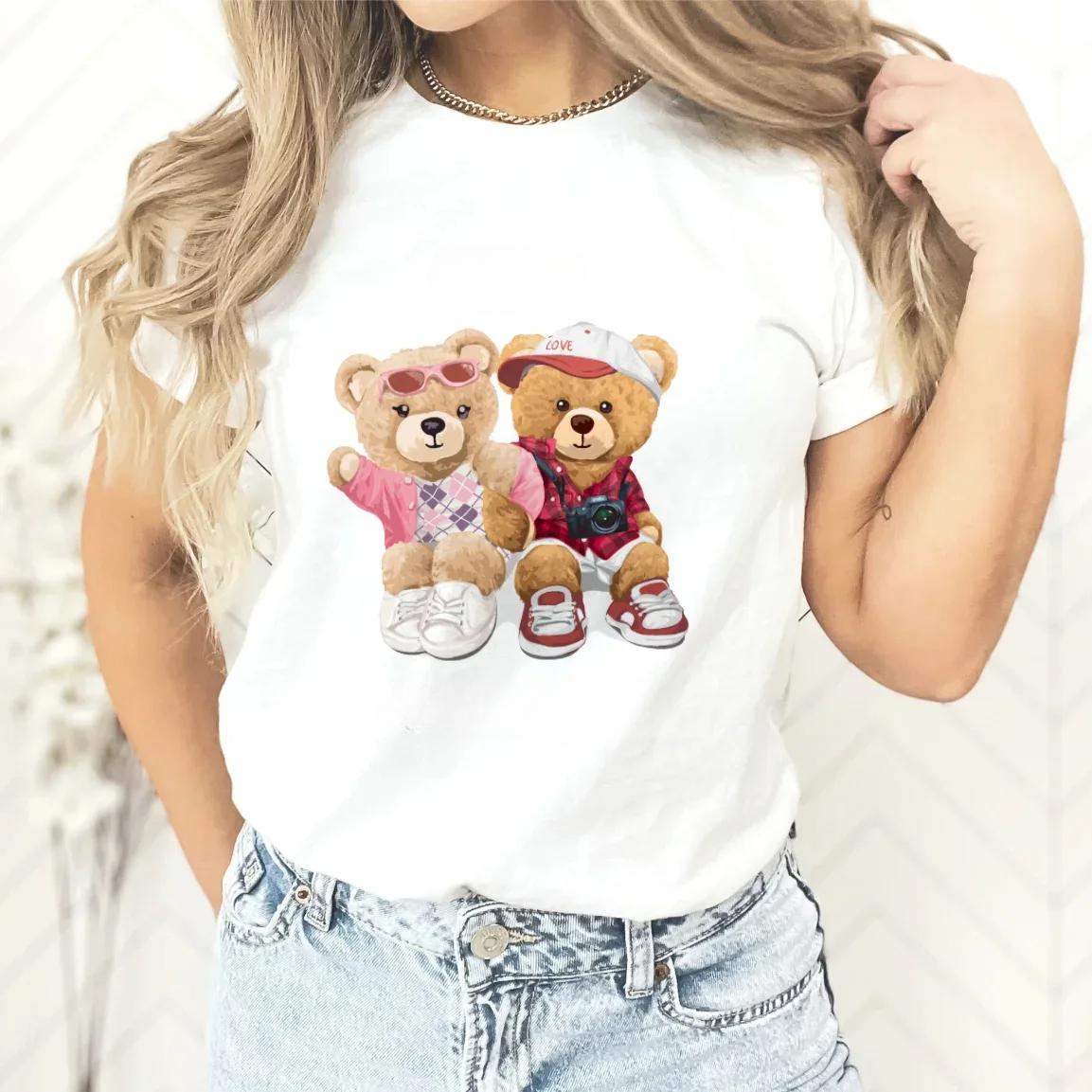 

Summer Round Neck Teddy Bear Pattern Printed Top Fashionable Casual Pure Cotton Short Sleeved Women s T-shirts XXL