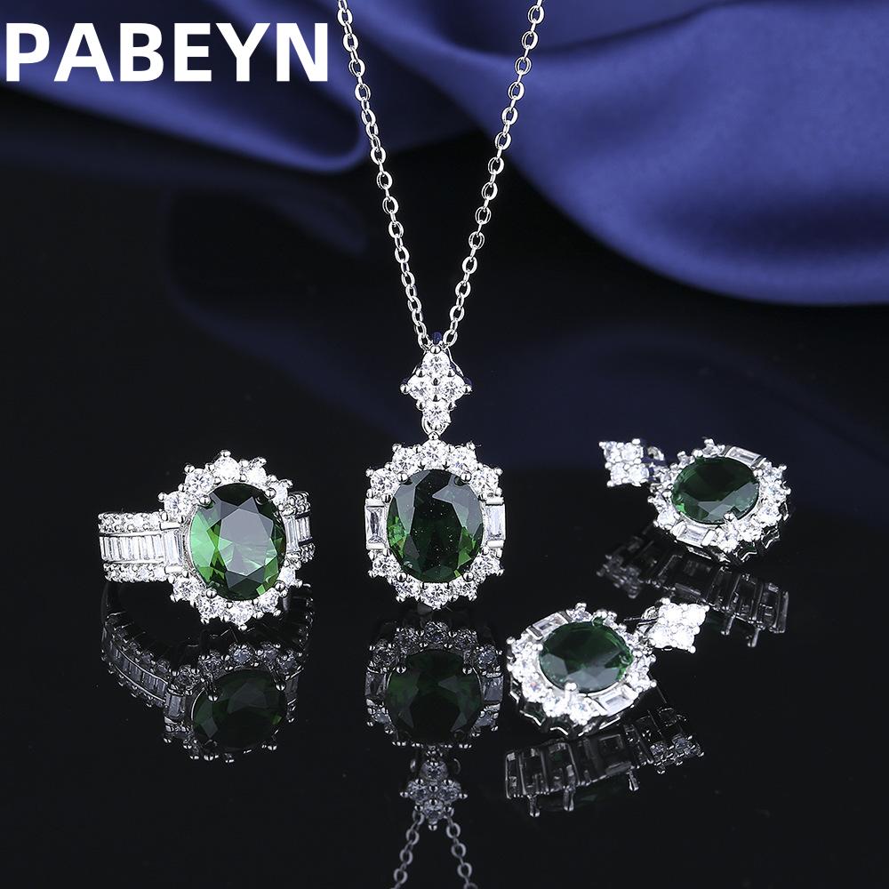 925 Sterling Silver Jewelry Set With Emerald And Zircon Necklace, Earrings And Ring, Elegant Accessories Collection For Women
