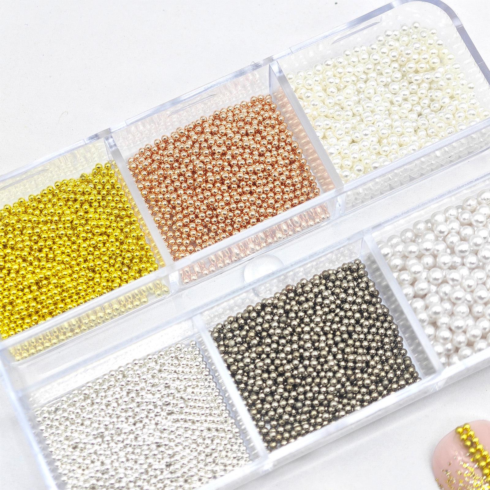 

6-Grid Mixed Nail Art Beads Box: Gold, Silver, Caviar & Pearl Decoration