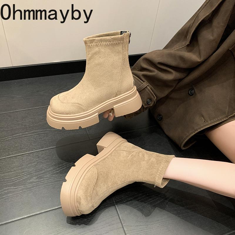 Vintage Platform Thick Sole Woman Ankle Boots Comfort Short Plush Shoes Autumn Winter Slim Height Increase Short Botas