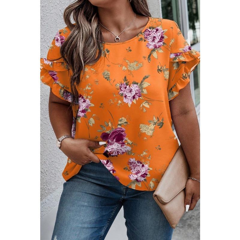 Women's New Summer Round Neck Spliced Ruffle Loose Printed Short Sleeve Tops T-shirt
