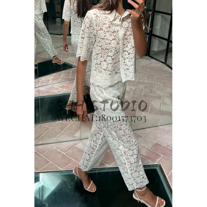 Spring New Lapel Short Sleeve Lace Short Top 3254490 High Waist Straight Ankle-length Pants 3278490