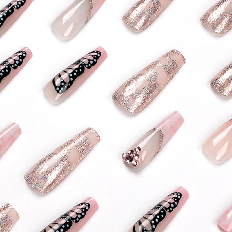 Wear nail art naked powder long ballet rhinestone butterfly fake nail gold foil glitter false nail direct supply