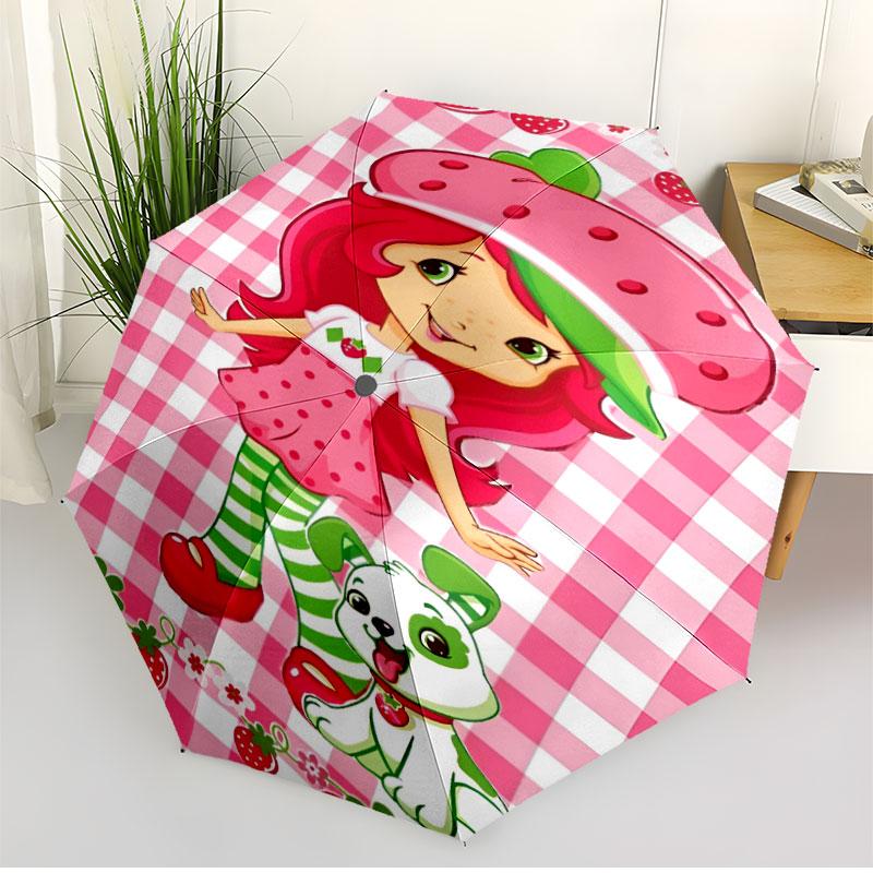Strawberry Shortcake Print Automatic Open Close Umbrella, Portable Foldable Umbrella, for Outdoor Commute Camping Trip, Ideal Birthday Gift