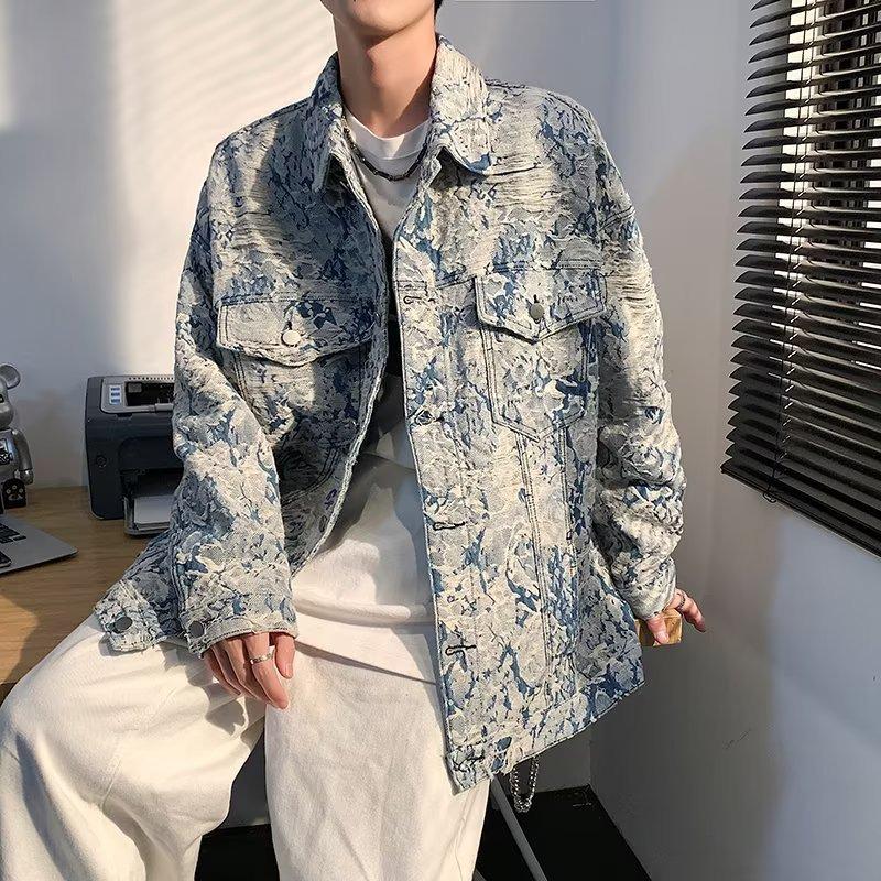 

Мужская модная джинсовая куртка с цветочной вышивкой и кисточками L синий