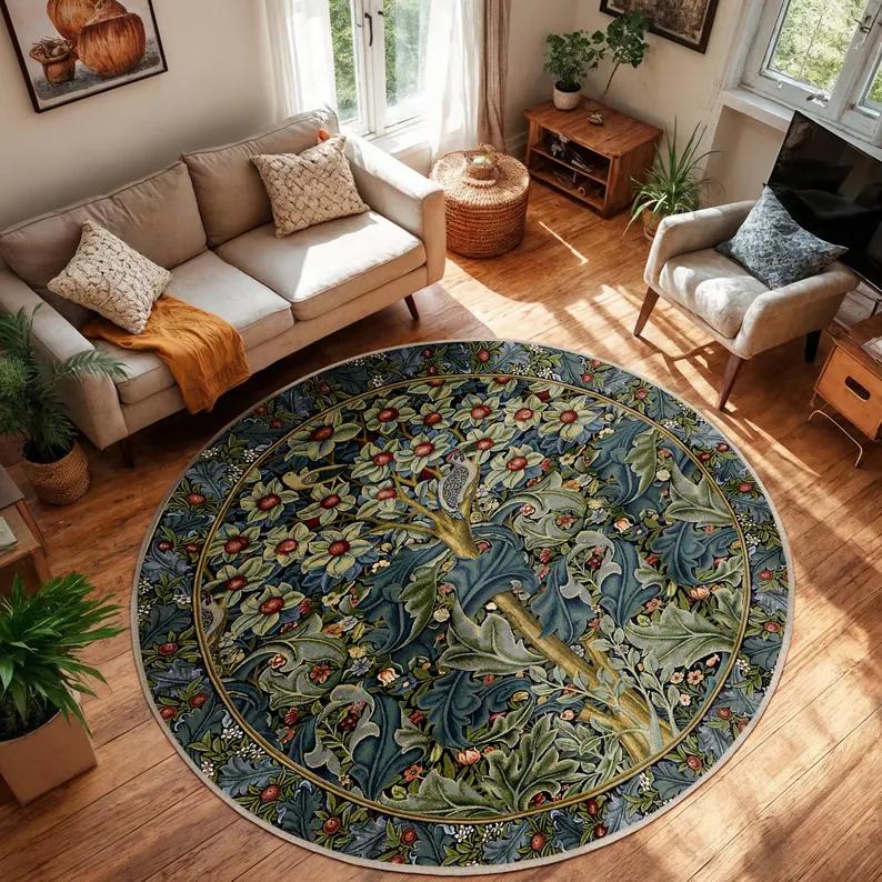 Dark Blue Cute White Cat Floral Round Rug Non Slip Washable Mat For Kids Bedroom