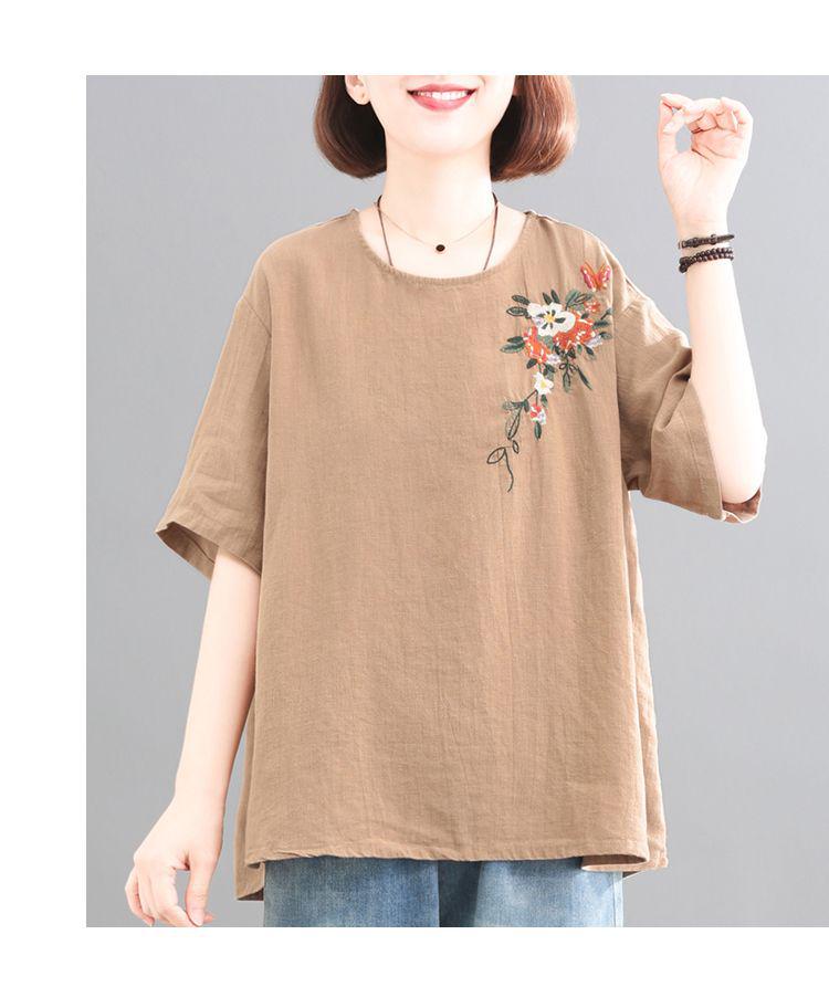 Women's Retro Korean Style Plus Size Embroidered Cotton Linen T-Shirt