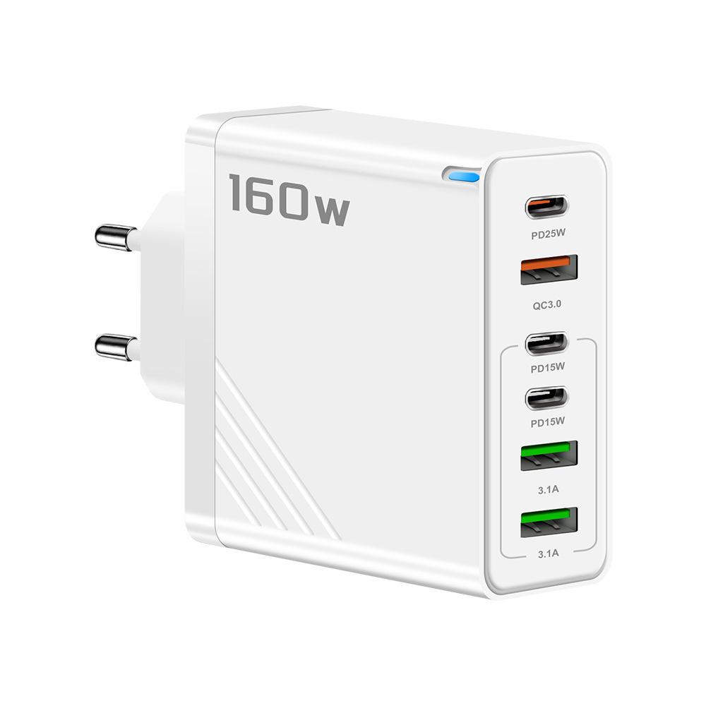 160W Multi-Port Fast Charger: 3 USB + 3 Type-C, EU/UK Plug, Compatible with Apple, Huawei, Xiaomi