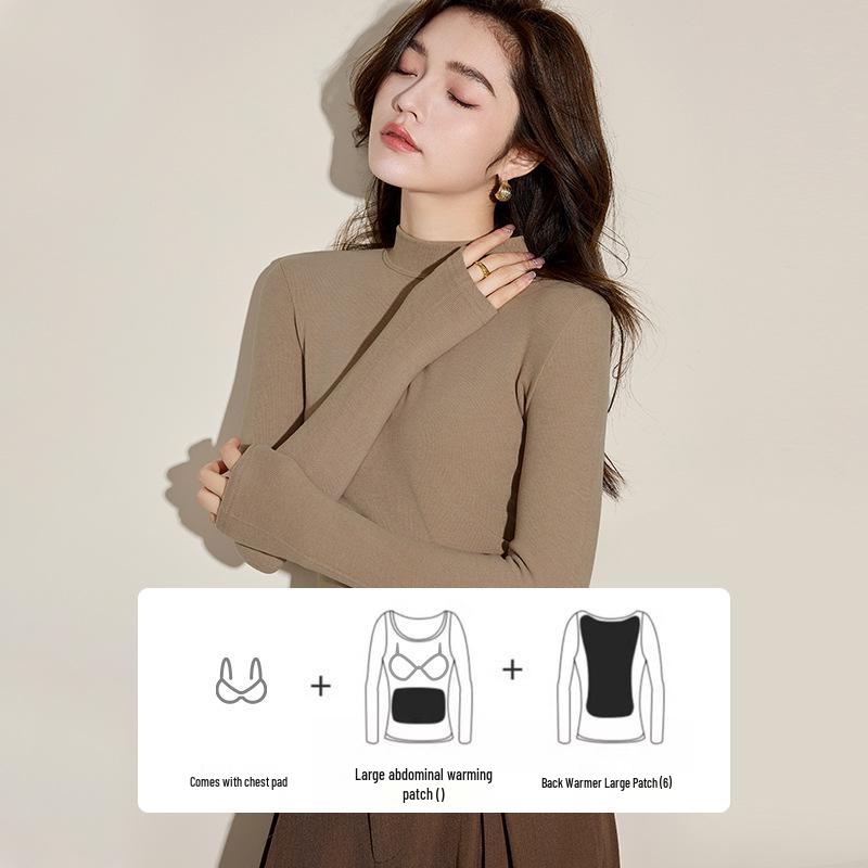 Women's Slim Fit Velvet Half-Turtleneck Shirt with Chest Pads - Antibacterial, Long-Sleeved, Perfect for Autumn and Winter