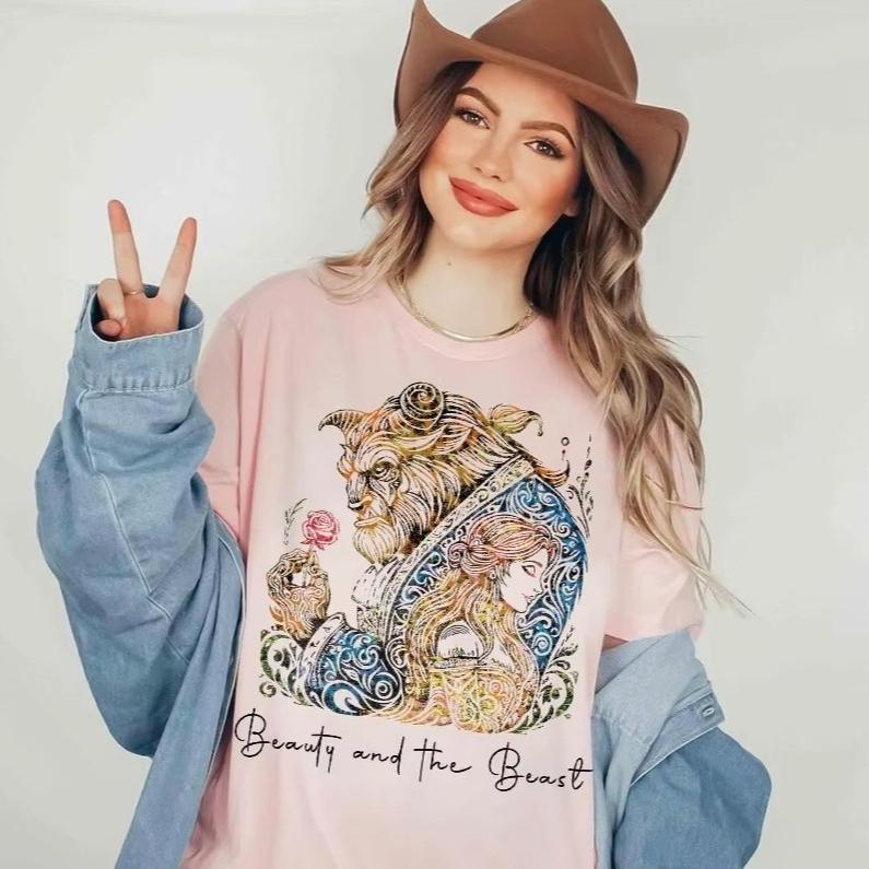 2026 New Vintage   Beauty Beast Art Rose Magic Kingdom Print TShirt Womens Short Sleeve Relaxed Plus Size Top S