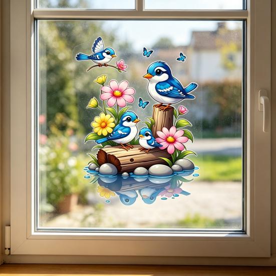 Watercolor Bird Window Sticker Cartoon Blue Birds Flowers Butterflies Double Sided Static Cling