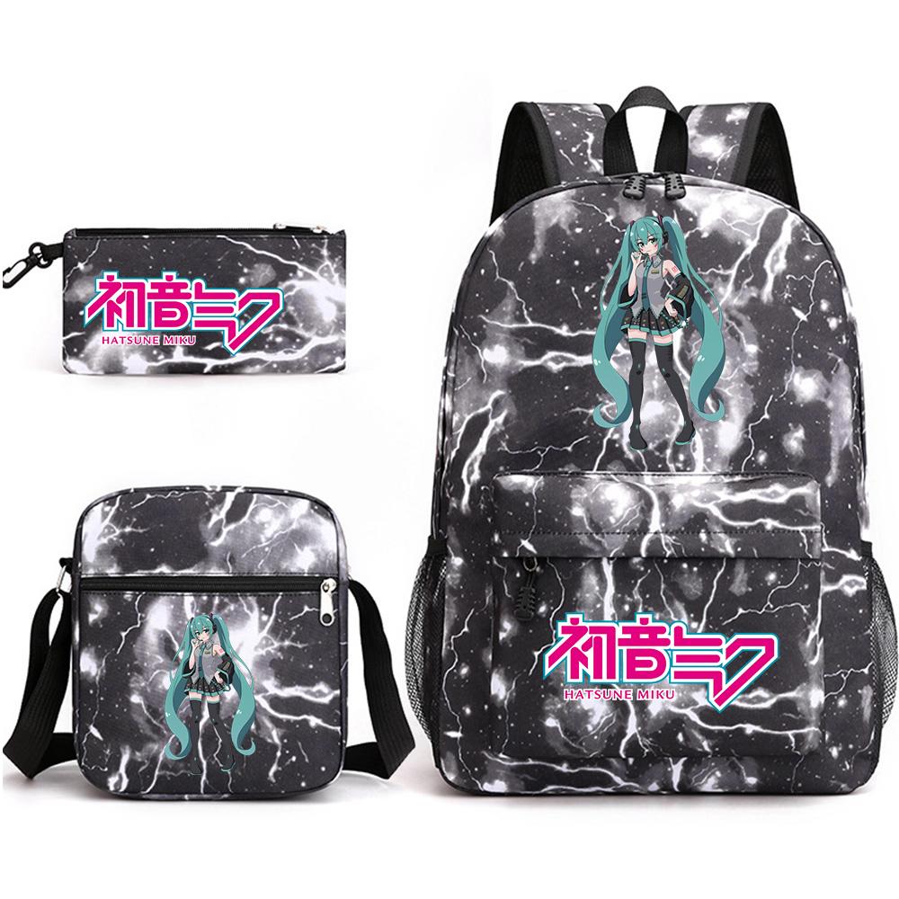 3Pcs/set Anime Cartoon Hatsune Miku Printed Backpack with Shoulder Bag Pencil Case for Teenager Student Boy Girl Large Capacity Waterproof Schoolbag