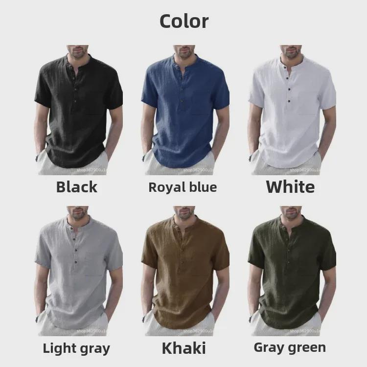 Men's Summer Cotton Linen Casual Pullover Short-Sleeve Shirt