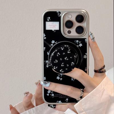 Custodia per Telefono Magnetica Nera con Fiori Blu Piccoli