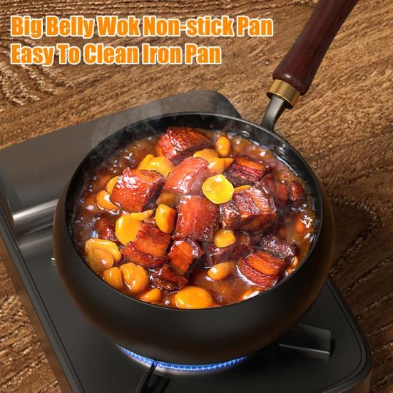 Traditional Wok Hammered Iron Pan with Non-Stick Coating Wooden Handle Frying Pan Japanese Cookware for Gas And Induction Stoves