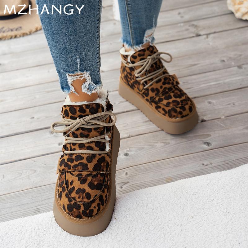 Fashion Women Leopard Platform Snow Ankle Boots Flats Warm Cotton Shoes Woman 2025 Trend Fashion Casual Sneakers Winter New Mujer Botas
