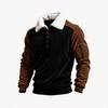 Men's Corduroy Color Blocked Long Sleeved Polo Shirt with Delicate Velvet Texture A Lapel Top with Arm Zipper Pockets Loose and Trendy Top
