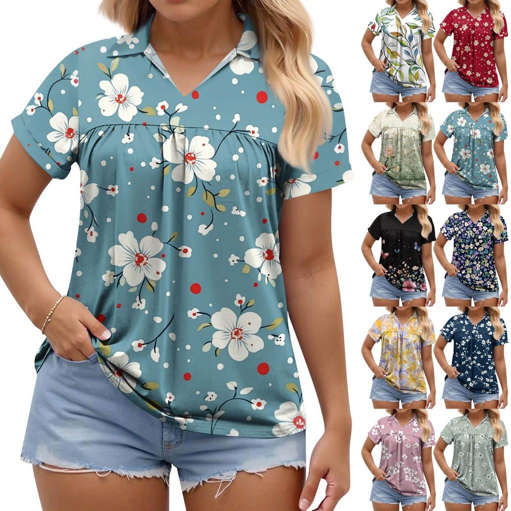 Women's Fashion Casual Printed V-Neck Short Sleeve Large Size T-Shirt Top
