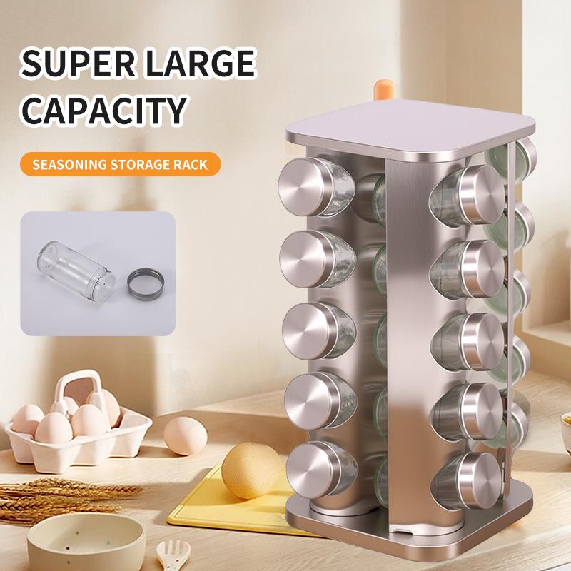 Otočný vícevrstvý nerezový kuchyňský stojan na koření s hliníkovou základnou a zaoblenými rohy