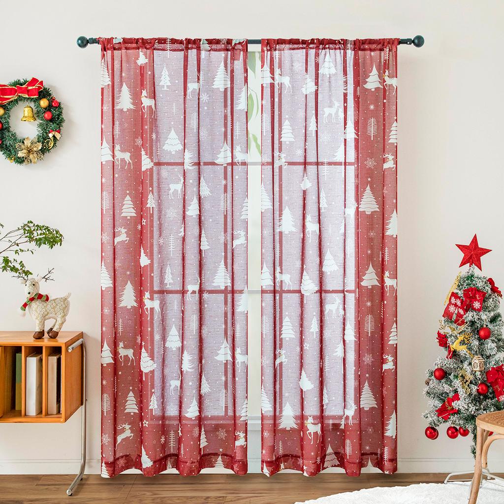2PCS Red Christmas Curtains and Window Screens Are Suitable for Decorating Living Rooms, Bedrooms, and Home Decor