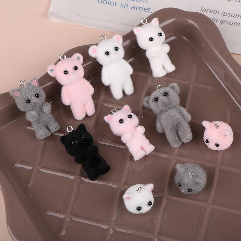 2Pcs Cat Bear Pendant Kawaii 3D Fluffy Flocking Charms Miniature Dolls Keychain Necklace Pendant Diy Crafts Jewelry Make