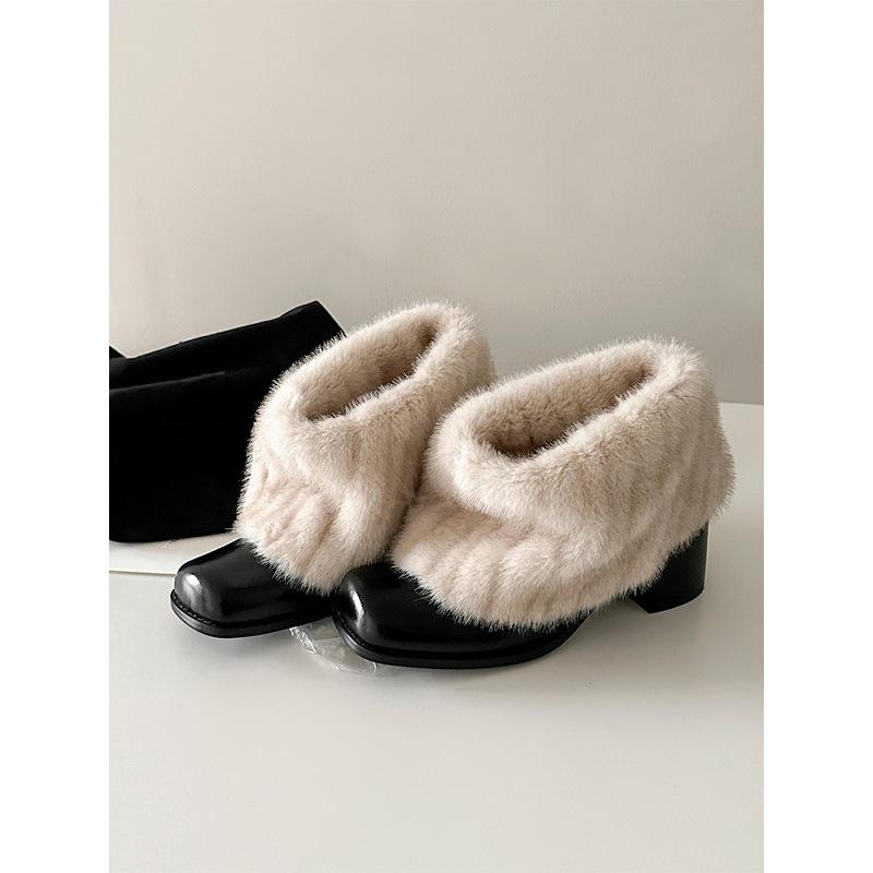 Cowhide version~ niche personalized warm snow boots women's French square head thick heel plush boots winter fluffy cotton boots