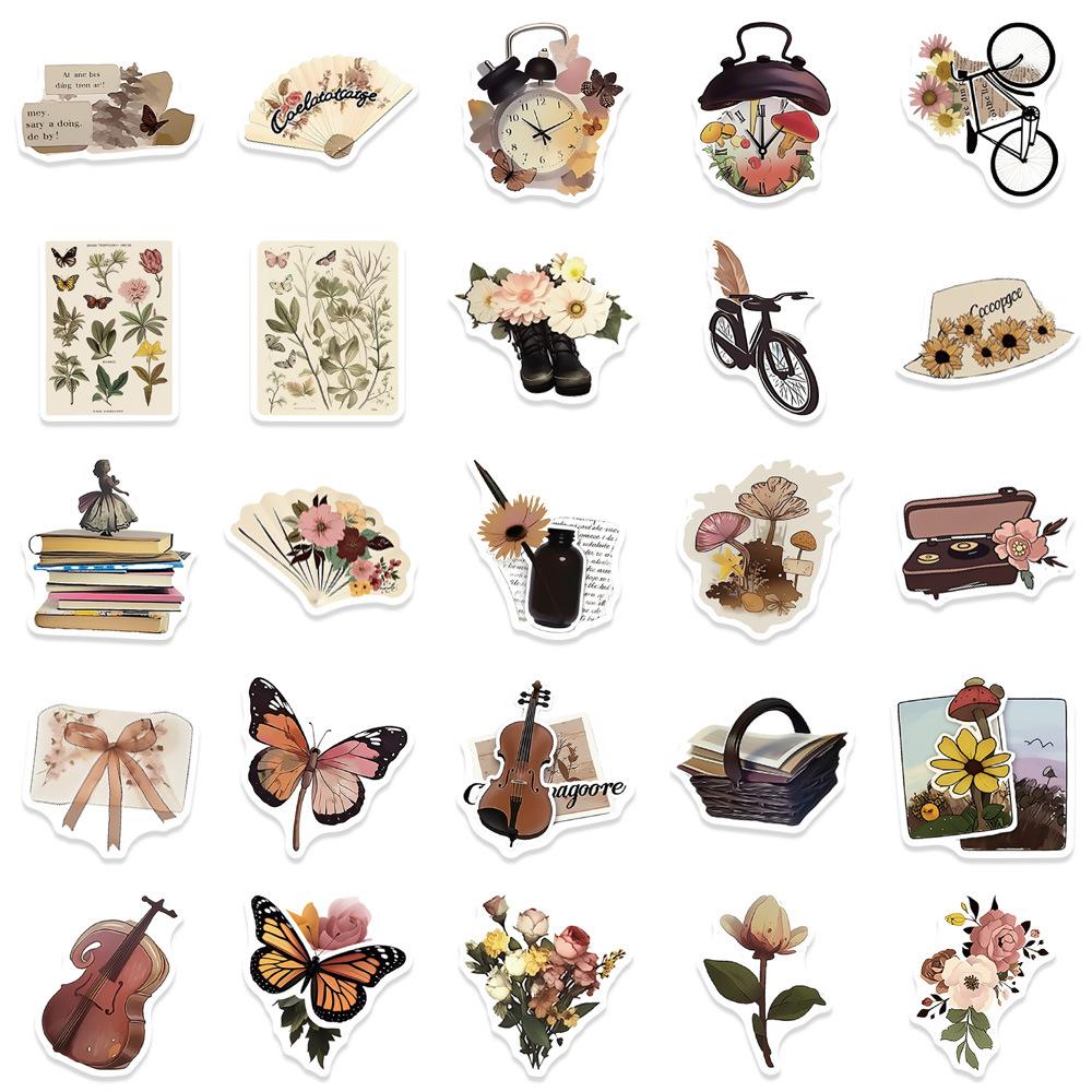 50pcs Vintage Animal Flower PVC Sticker Aesthetic Children's Stationery DIY Decoration Scrapbooking School Supplies