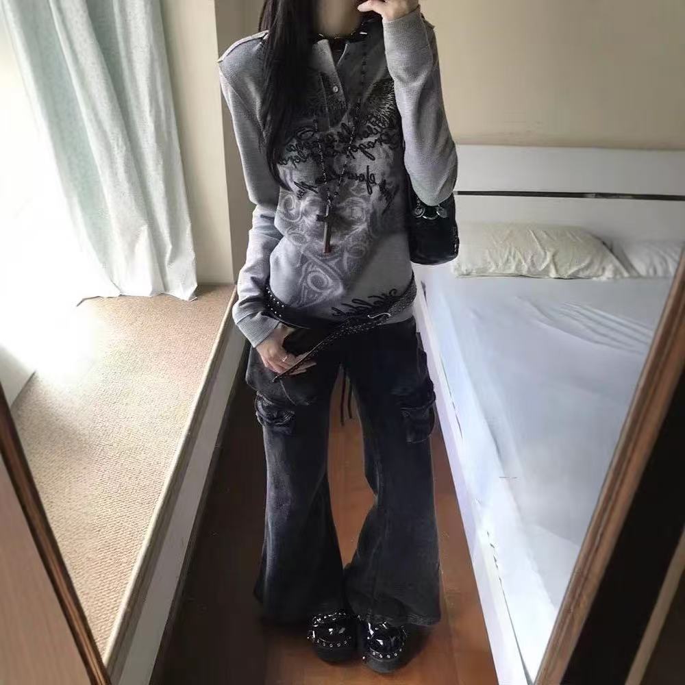 TrendHub Maglietta a Maniche Lunghe Retro Americana da Donna Autunno Stampa Totem Lettere Ricamate Maglia di Base Top