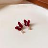 Silver Needle Red Series Flocked Bow Autumn/Winter Stud Earrings - Sweet, Fashionable High-End Design for Women.