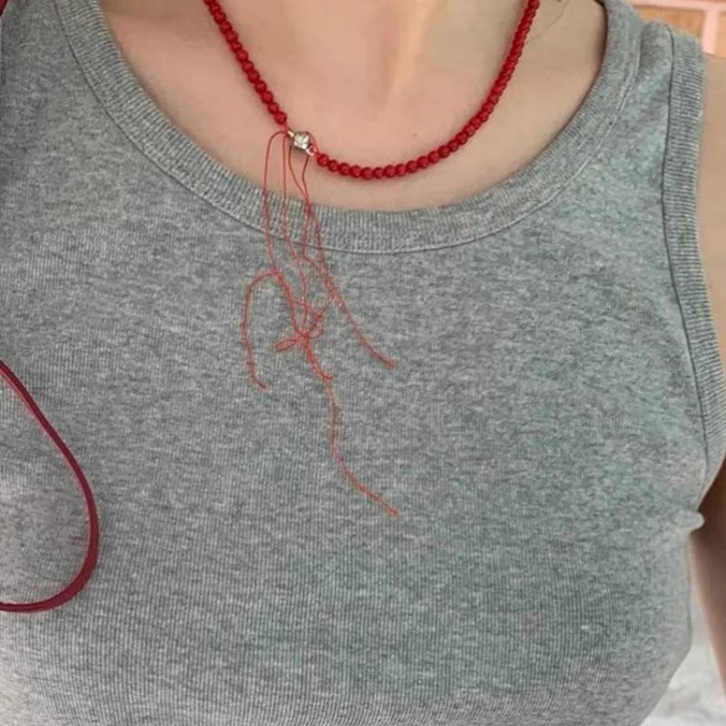 Mona Style Retro Coral Red Beaded Choker Necklace