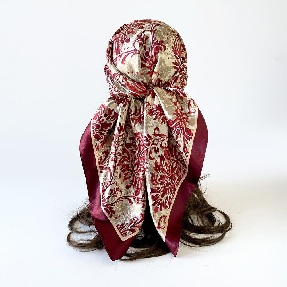 Vintage-print Silk Scarf, 90×90cm, Faux Silk Headscarf, Glossy Satin Headscarf, Head-wrapping Scarf
