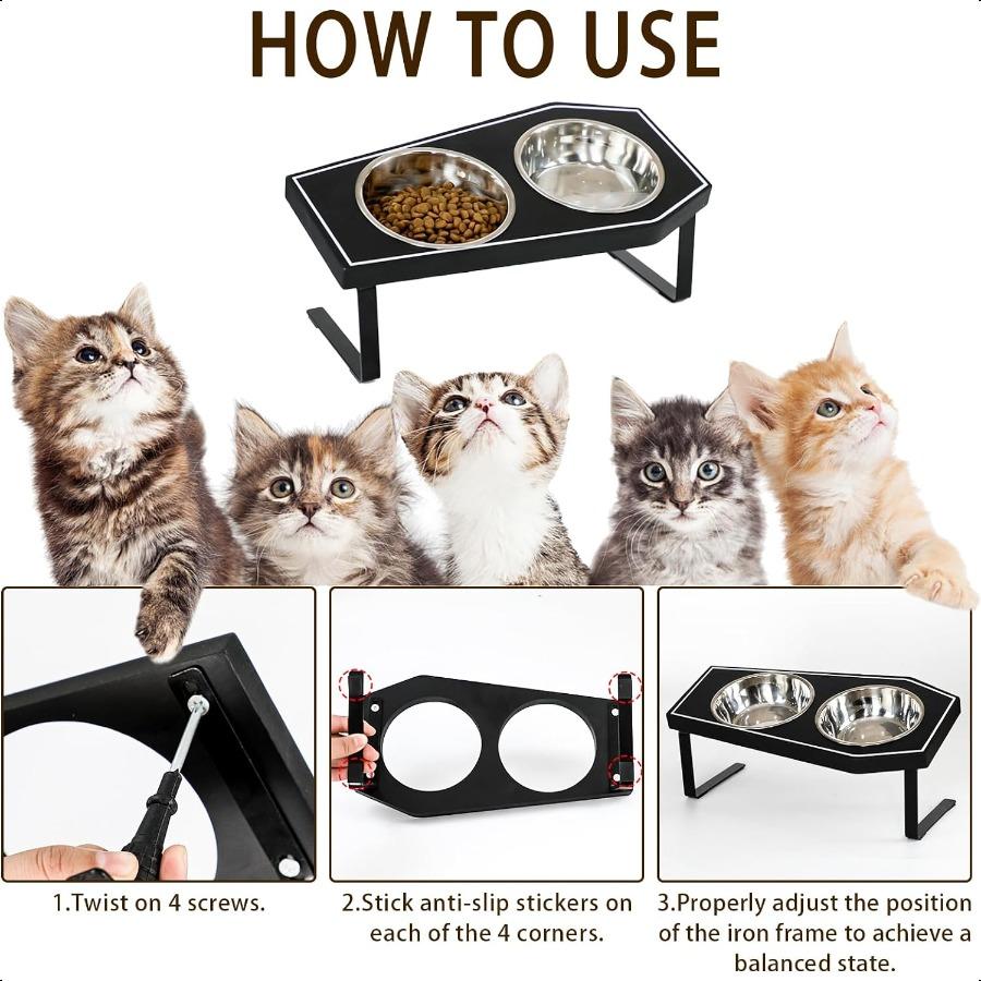 Cat Food Bowls Elevated Gothic Cat Bowls Raised Cat Bowls for Indoor Cats with NonSlip Stand Wood Board Stainl Steel and Whiske
