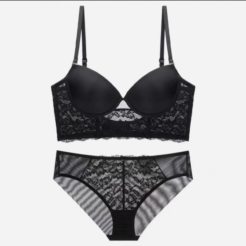 U-shaped Beautiful Back Underwear for Women's Thick and Small Breasts, Special Gathering Top Support Sexy Lace Bra Set