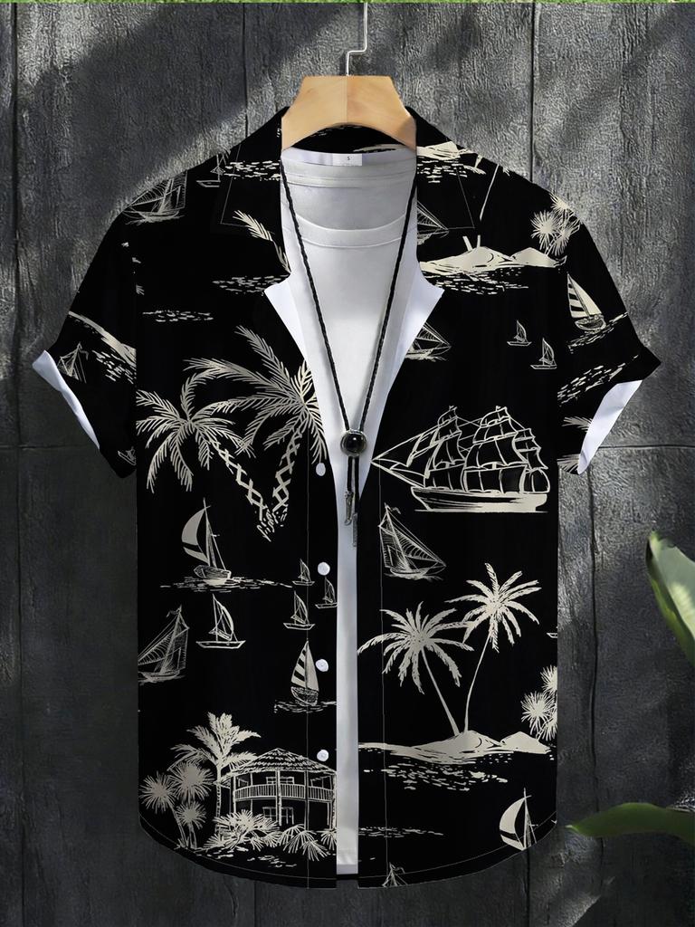 Men's Fashion Short Sleeve Shirt, Black Background with White Sailboat, Palm Tree, Island, and Cottage Patterns Trendy New Summer Outfit, Casual Daily