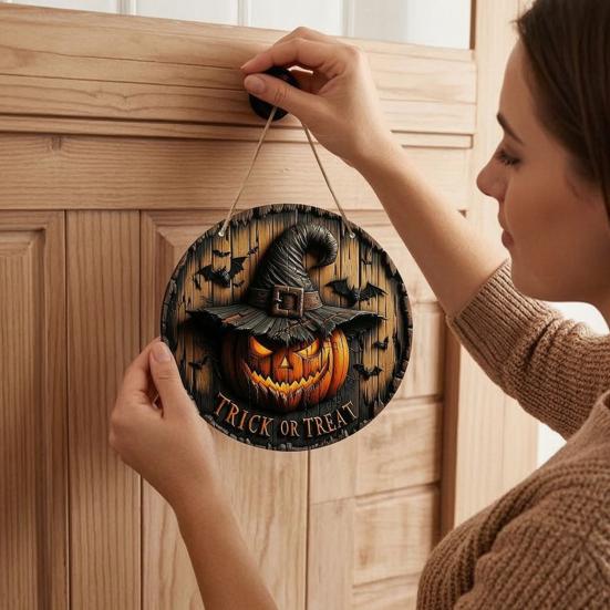 Thanksgiving Yard Display Halloween Wooden Sign,Round Hanging Pendant with Lanyard, Retro Distressed Holiday Home Ornament Wood Skeleton/Pumpkin/Clown