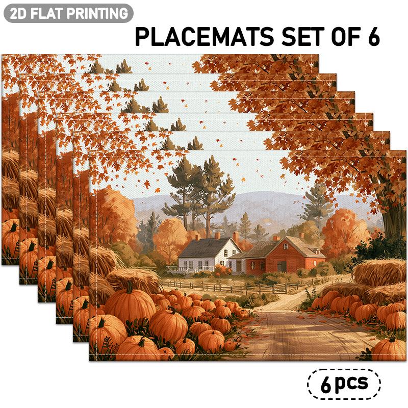 4pcs or 6pcs Autumn-Themed Placemats Suitable for Indoor/Outdoor Fall Table Decor with Pumpkin, Haystack, Maple & Country Cottage Patterns - Rustic Fa