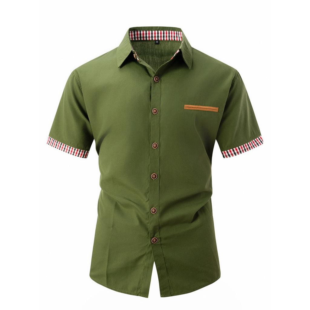 Men's Casual Checkered Color-blocked Shirt, Men's Fitted Lapel Button Short-sleeved Top