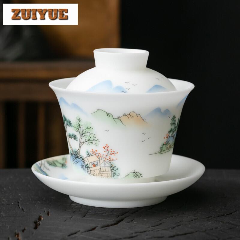 Boutique Eisjade Porzellan Handgefertigt Schüssel mit Deckel Handbemalt Duftende Hügel Gaiwan Teekanne Teekanne Teekochen Teekollektion Geschenke