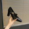 Temperament One-word Buckle High Heels Women's Square Head Thick Heel Design Single Shoes New