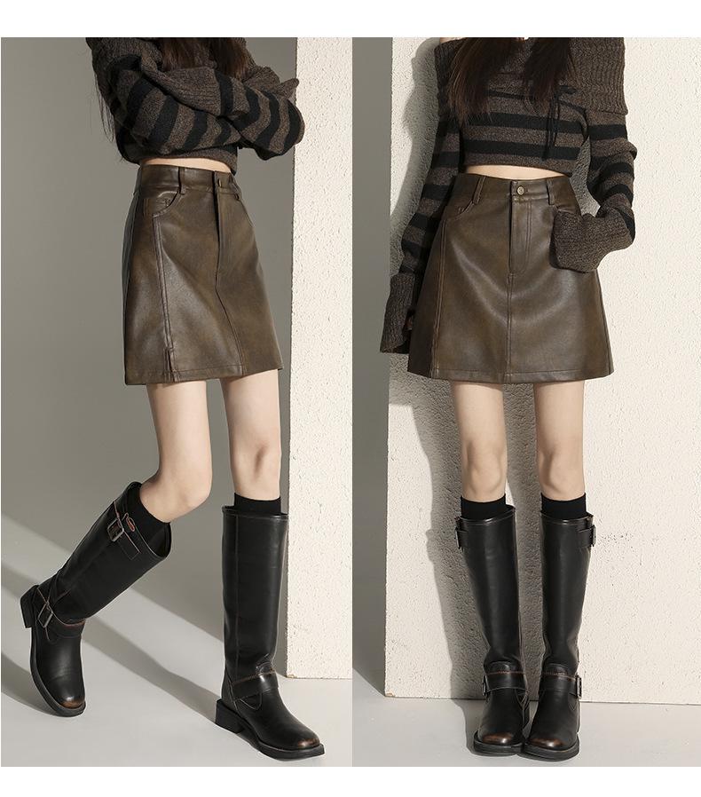 Spicy Maillard Coffee PU Leather Mini Skirt - Sexy, Versatile, Anti-Exposure, Hip-Hugging A-Line for Autumn/Winter
