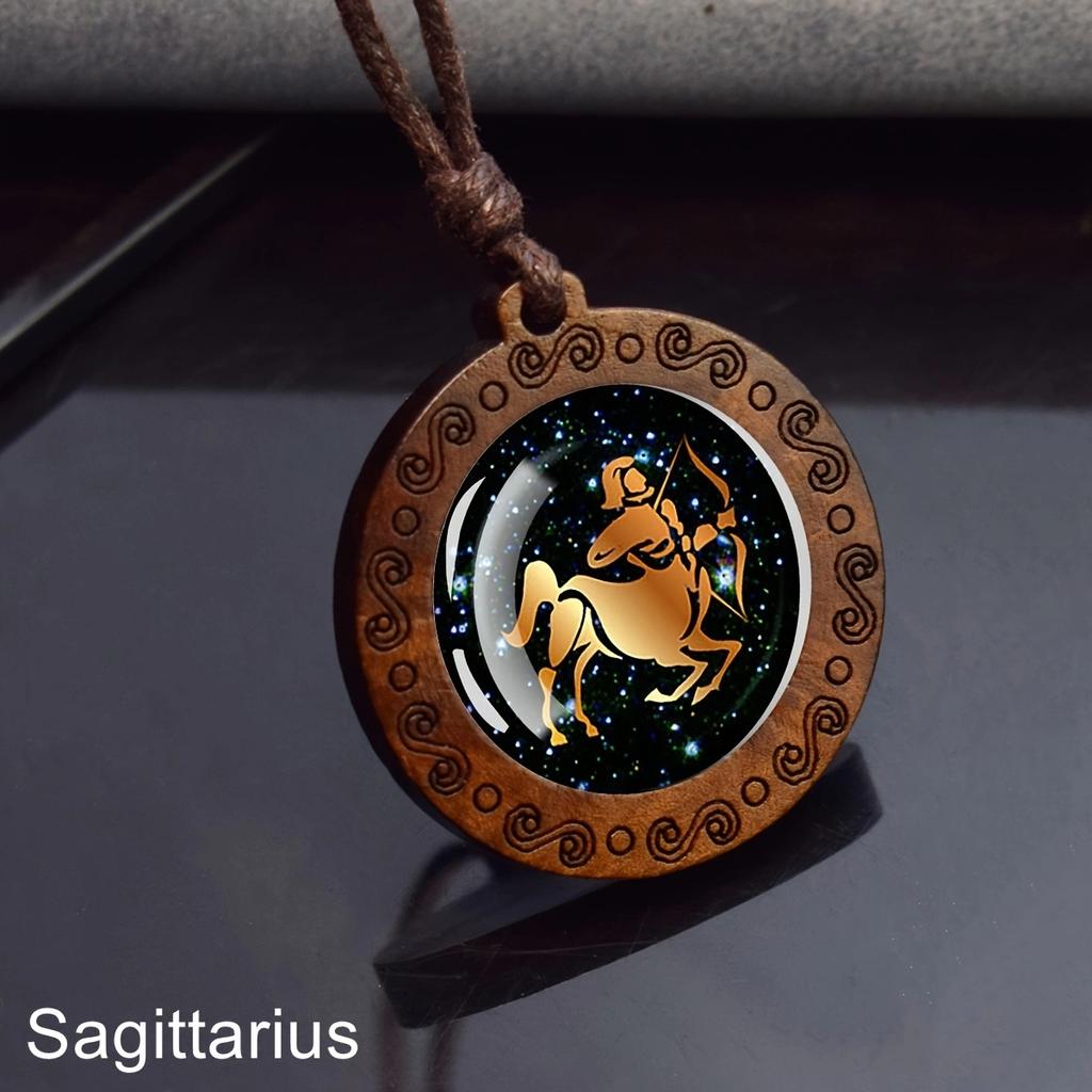 Halskette mit 12 Sternzeichen, Seilkette, Widder, Stier, Zwillinge, Krebs, Löwe, Jungfrau, Waage, Skorpion, Sternbild-Halskette, Holzanhänger