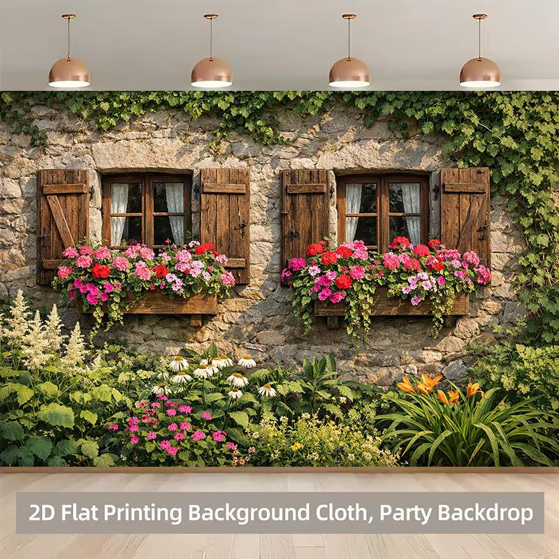 2D Vintage Ivy Wall Backdrop, Countryside Window with Flowers Party Background
