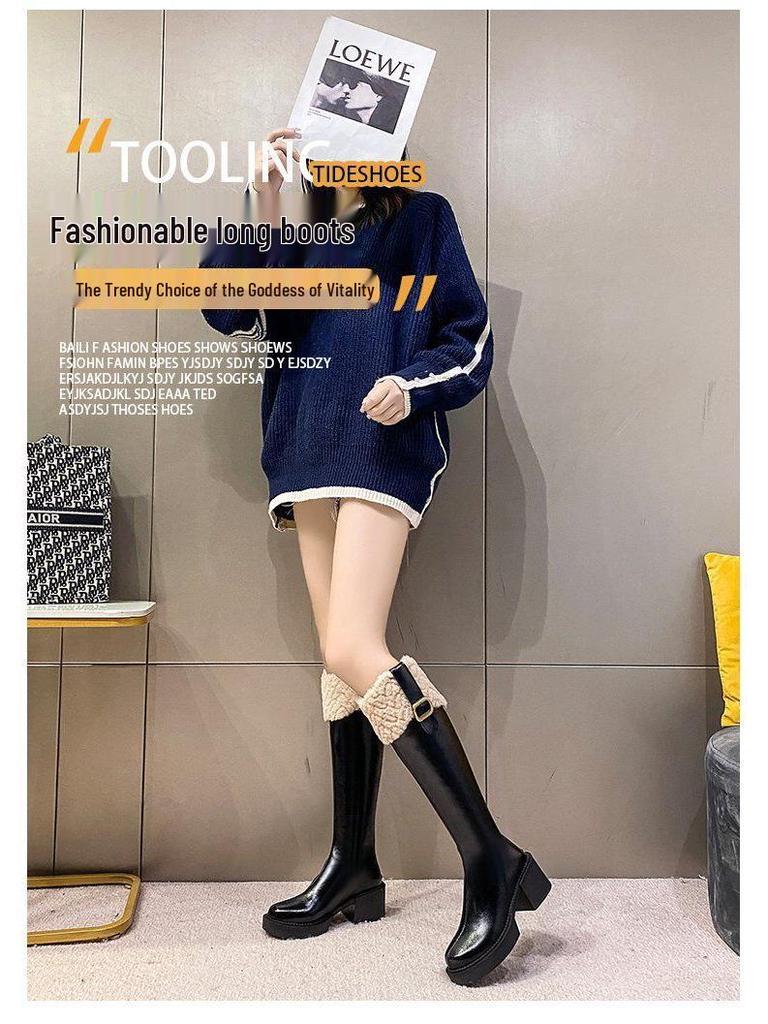 Women's Fleece-Lined Over-the-Knee Cotton Boots with Chunky High Heels and Furry Slimming High-Shaft Design