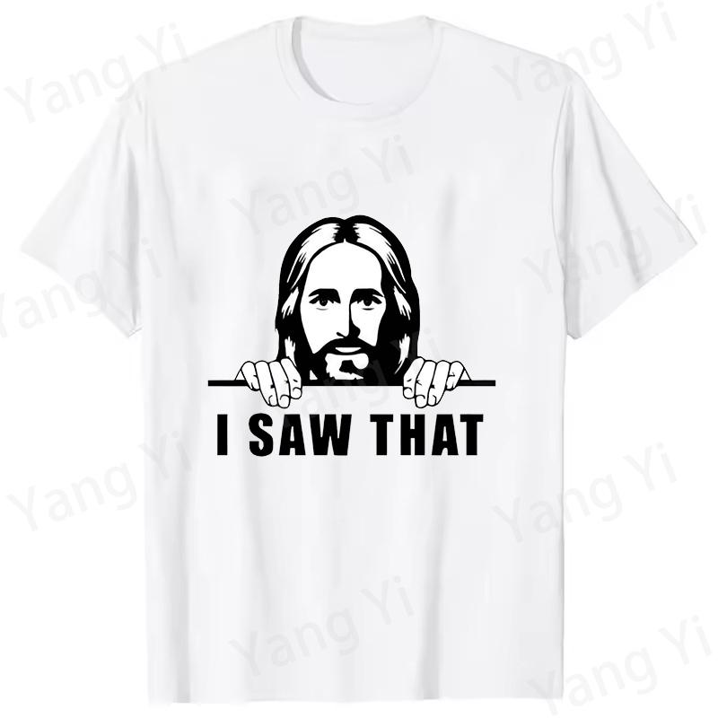 I SAW THAT Print Short Sleeve Casual Tshirt Pattern of Jesus Peering Behind the Wall Pattern Tee Short Sleeve Unisex Womens Tops