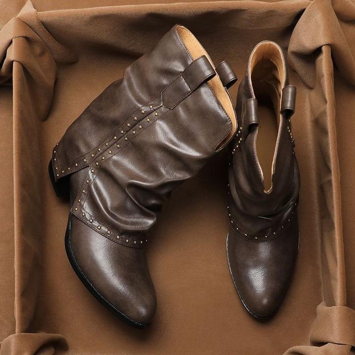 2025 autumn and winter Spice Girls retro pointed riveted short boots trouser boots western boots fashion absolutely pure thick heel Martin boots