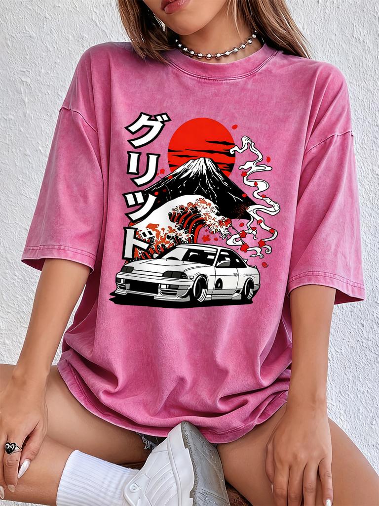 Nippon Jdm Car Grid Cotton Washed TShirts Women Summer Oversized T Shirt ONeck Comfortable Distressed Tops Basic Women Clothes